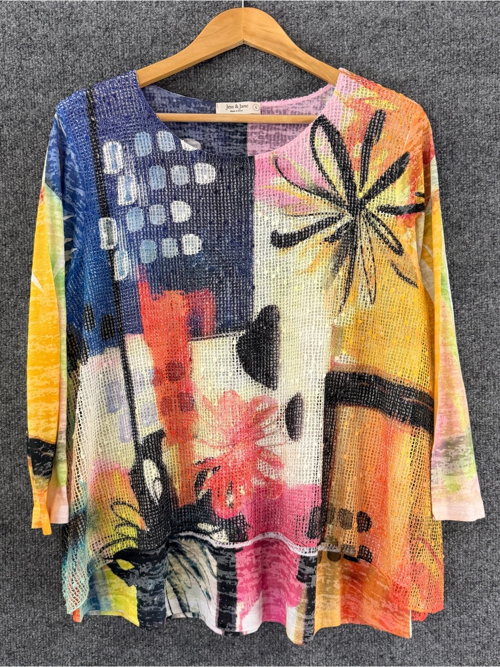 Jess & Jane Womens 3/4 Sleeve Artsy Mesh Overlay Top Size Large Multicolor